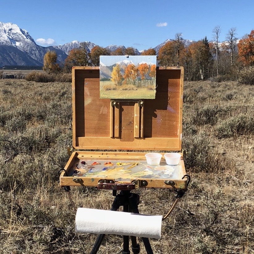 My view as I'm plein air painting fall colors in Grand Teton National Park.