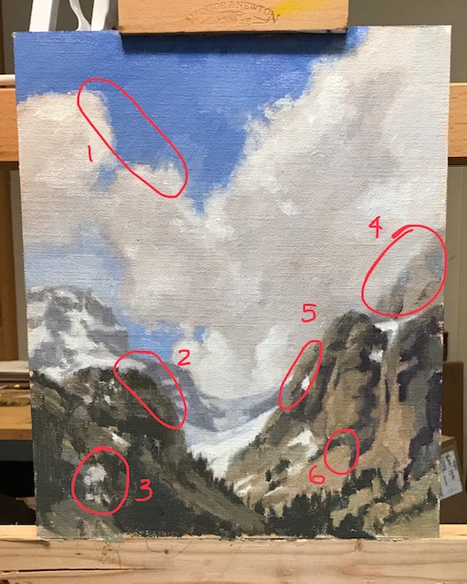 Corrections to a mountain painting in oil